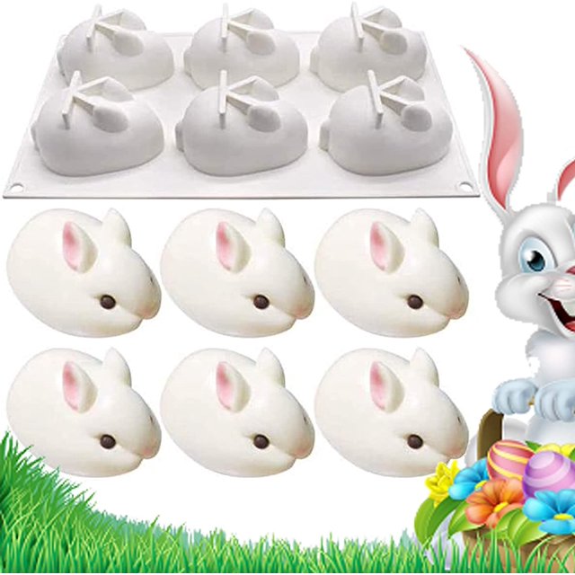 Molde de silicona de conejo-silicona mold-3D forma de conejo-molde de silicona para pastel, postre, jabón, gelatina, pan, pudín, muffin (forma de conejo de 6 cavidades). Feliz Sencillez