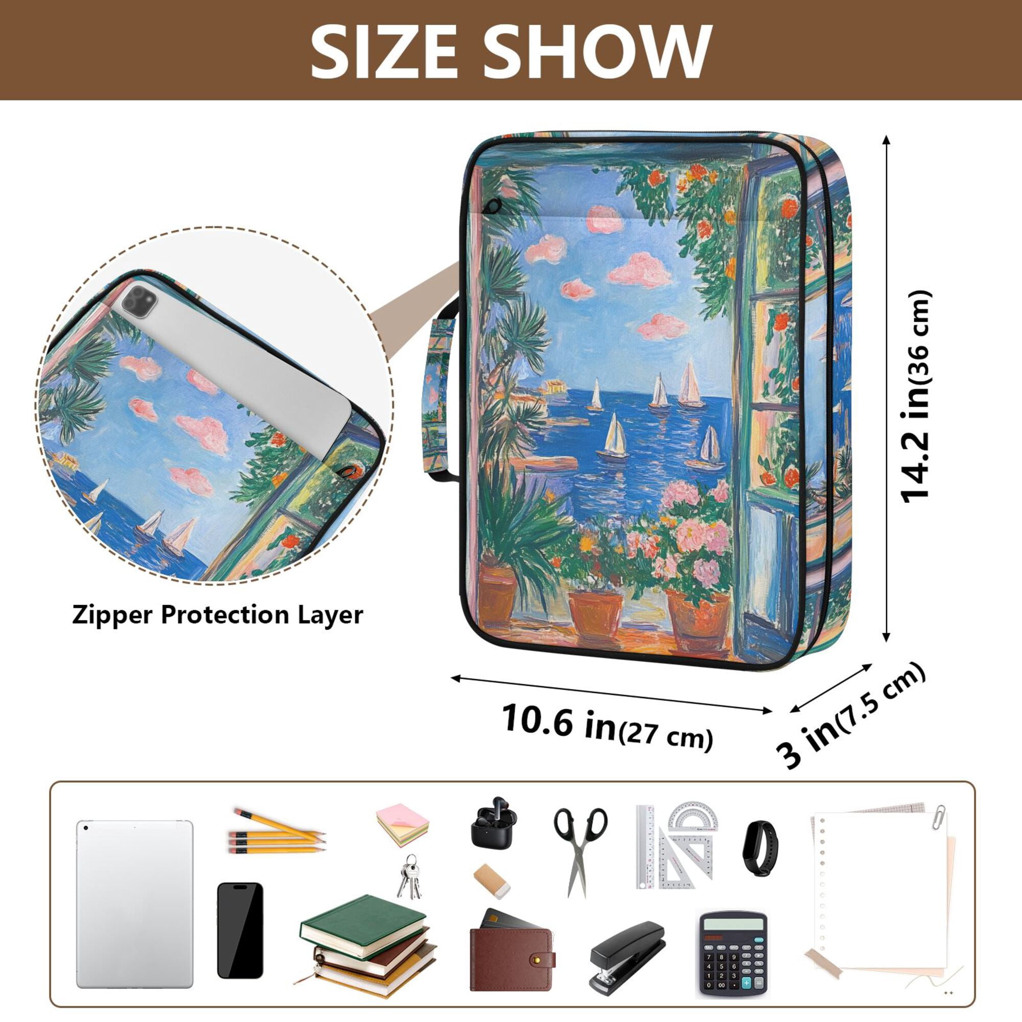 FORMRS Accordion File Folder A4 Size 7-Pocket Expanding Document Organizer Bag with 3 Ring Binder, Sea Window
