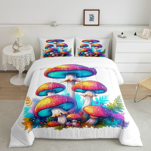 Erosebridal Ensembles de Literie Champignons de Rêve Simple avec Couette, Insert de Couette Dessin Animé, Ensembles de Couette Réversibles Motif Feuille et Plante Taille Simple, Décoration de Chambre Respirante, 2 Pcs