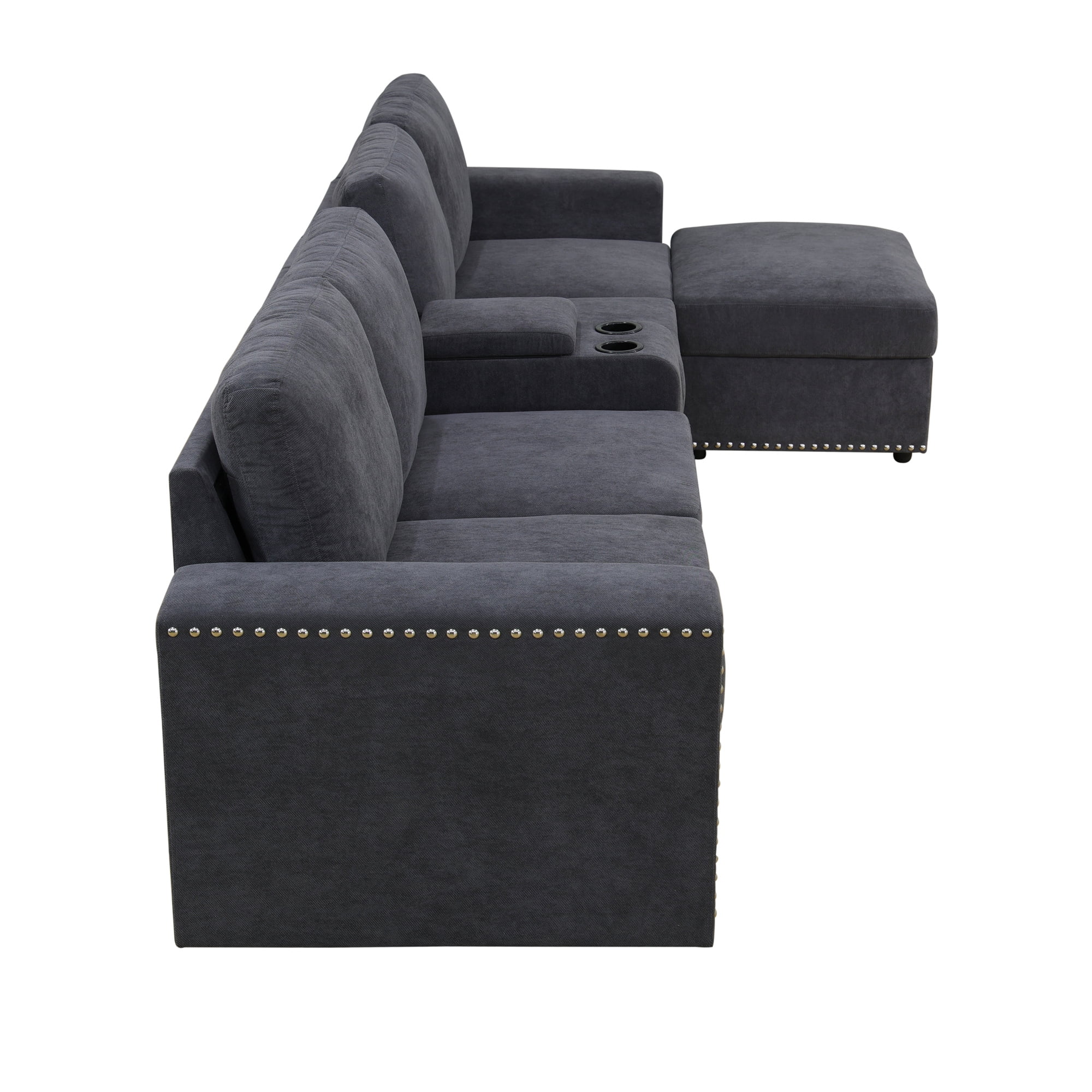 Aukfa 130" Oversized Sectional Sofa w/ Cupholder & Console 4 Seat Couch with Ottoman for Living Room, Gray