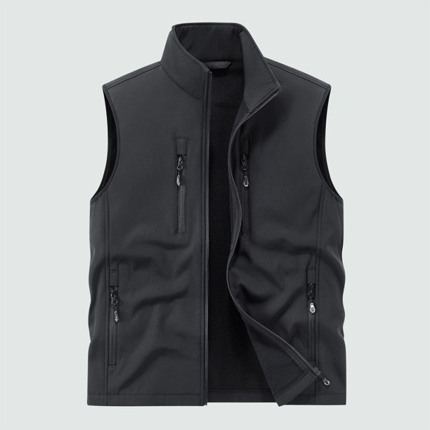 Camiseta sin mangas con cuello alto para hombre, color liso, para exteriores, con múltiples bolsillos, informal, de terciopelo y poliéster.