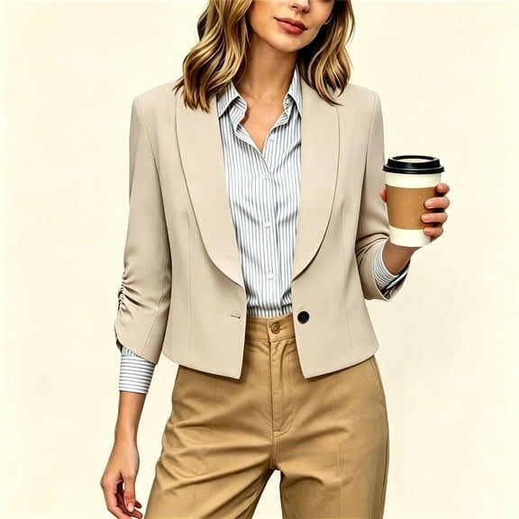 Scyoekwg Womens Shawl Lapel Ruched Sleeve Cropped Blazer Jacket, Single Button Short Suit Coat, Roll Cuff Lightweight Office Commuter Outer Top for Spring Fall (Beige,M)