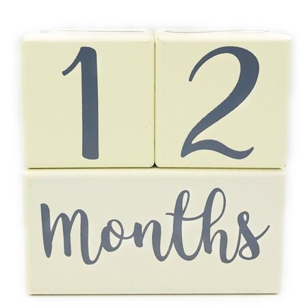 Months in Motion Baby Milestone Wooden Age Blocks Infant Photo Prop Pictures | Weeks Months Years Grade | Pregnancy Countdown Sharing | Shower Registry Gift | Cream Grey