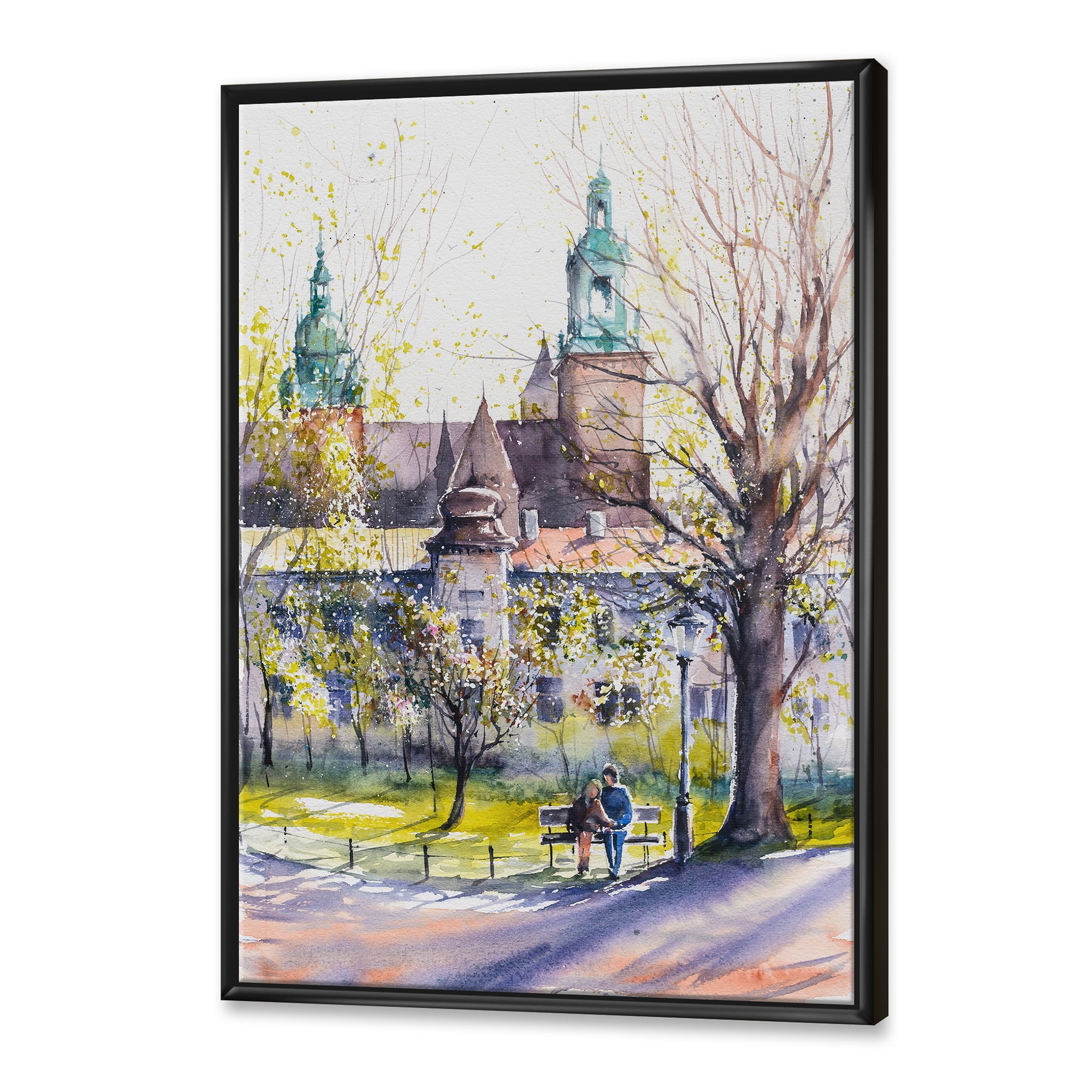 Designart 'Castel Through The Trees of The Park With Couple Sitting on Bench' Country Framed Canvas Wall Art Print
