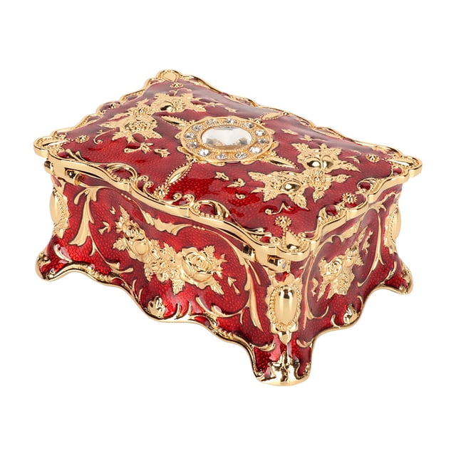 Caja de joyería roja con diamantes de imitación, caja organizadora de almacenamiento de collares y pendientes con grabado de flores Vintage