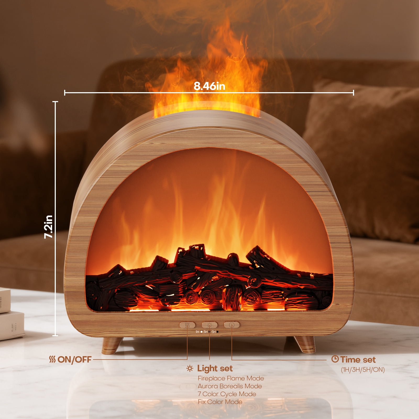 Diffuserlove USB fireplace flame humidifier, an essential oil diffuser with remote control and timer, can be set to turn off, 7 types of lights, suitable for home, bedroom and office