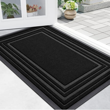 Buganda Heavy Duty Door Mats, Non Slip Waterproof Rubber Doormats for Outdoor and Indoor, Low Profile Dirt Trapper Entry Rugs, 29"x17", Black