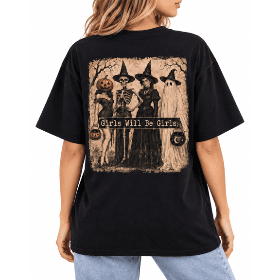 【New Arrival】Women's Halloween Back Graphic T-Shirt, Vintage Witch Skeleton Ghost Short Sleeve Casual Tee