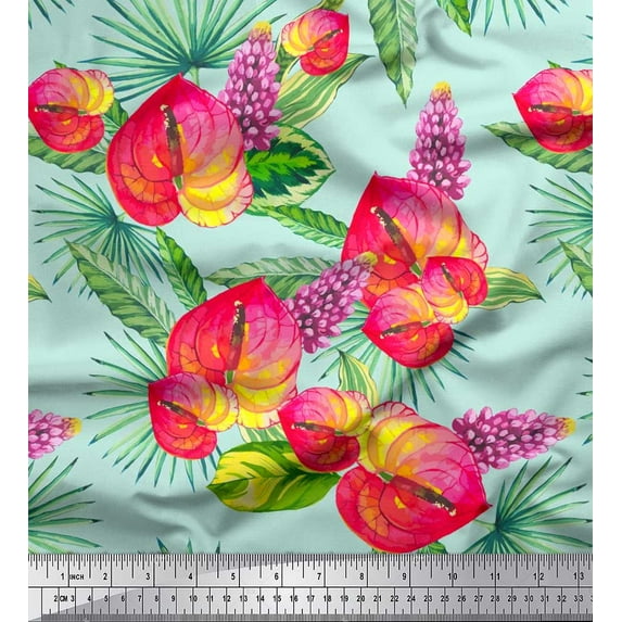 Soimoi Velvet Fabric Leaves,Laceleaf & Lupine Floral Printed Craft Fabric by The Yard 58 Inch Wide