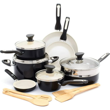 

HJY Rio Healthy Ceramic Nonstick 16 Piece Cookware Pots and Pans Set PFAS-Free Dishwasher Safe Black