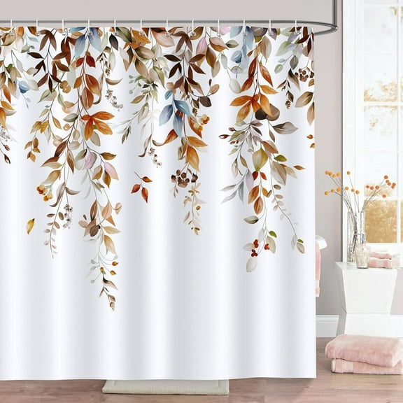 Watercolor Plant Leaves Bathroom Curtain 72 X 72 Inch Polyester Fabric Waterproof Bath Curtain with 12 Hooks
