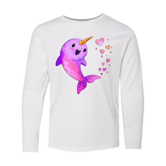 Inktastic Valentine's Day Cute Pink Narwhal with Hearts Long Sleeve Youth T-Shirt