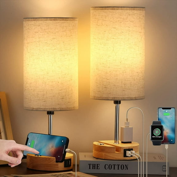 Push-button Touch Control 3-segment Dimmable Table Lamp, Including Led Bulb, Two-piece set with Usb Port and Socket Phone Holder For Bedside Living Room Log Base