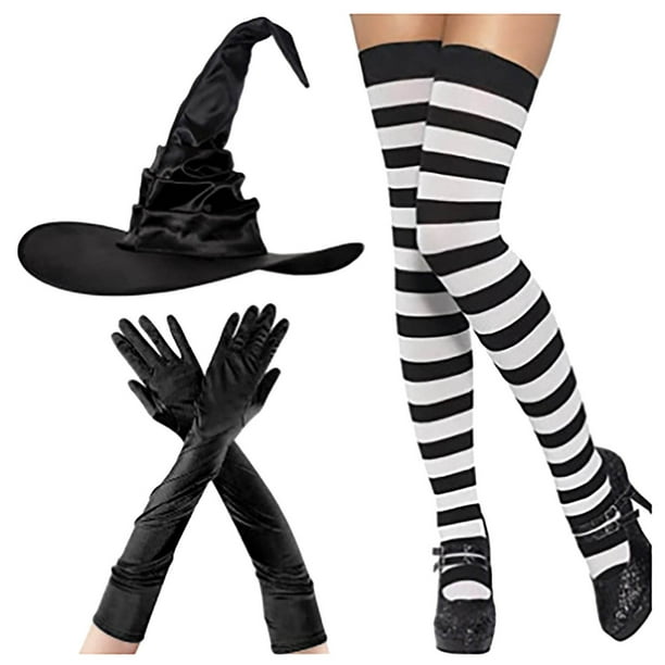 Conjunto de sombrero de bruja arrugado de Halloween con calcetines a rayas negras y guantes largos de satén. Colección completa de accesorios de disfraz de bruja.