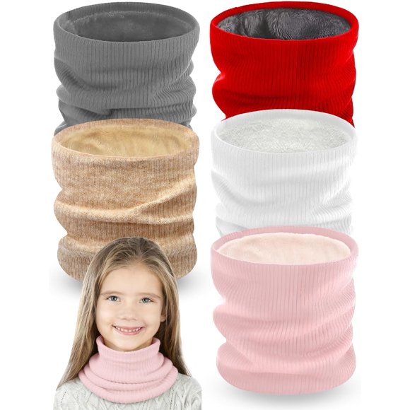 5 Pack Kids Winter Neck Warmer Gaiters Knitted Soft Neck Scarf with Thick Warm Lined Ski Fleece Mask for Boy Girl