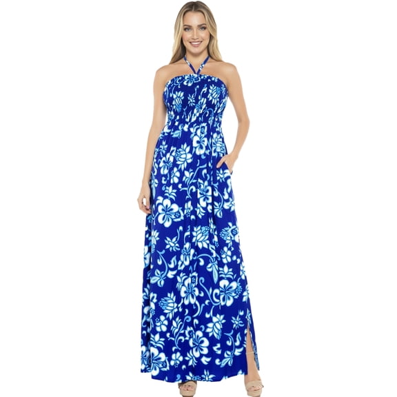HAPPY BAY Women's Summer A-Line Maxi Smocked Top Slit Dress Long Beach Bohemian Strapless Tube Dresses for Women One Size Sapphire, Floral