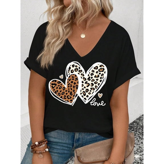Leopard Print Hearts Black V - Neck Tee