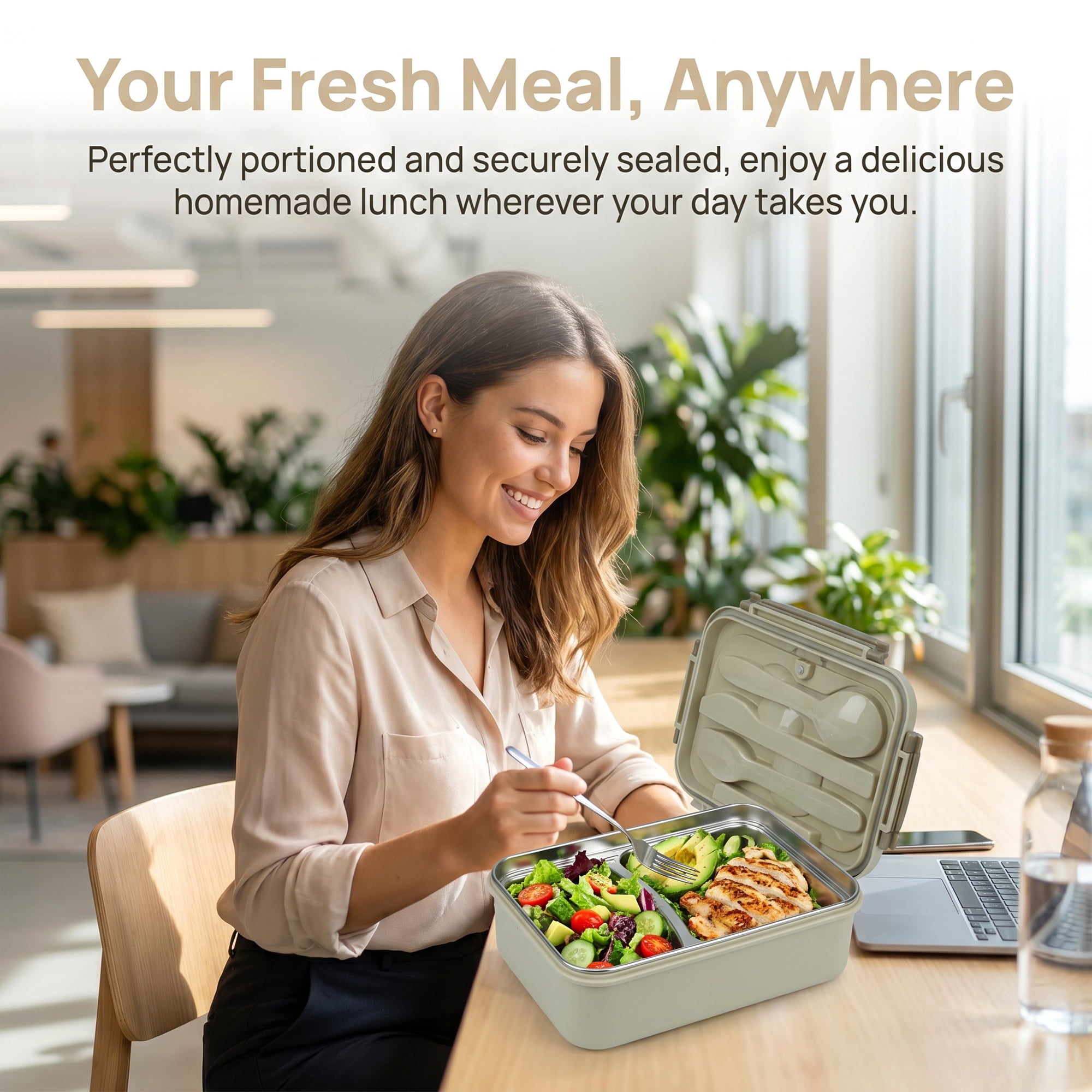 Unique Bargains 3-Compartment Leak-Proof  Lunch Bento Box with Utensils Khaki-2
