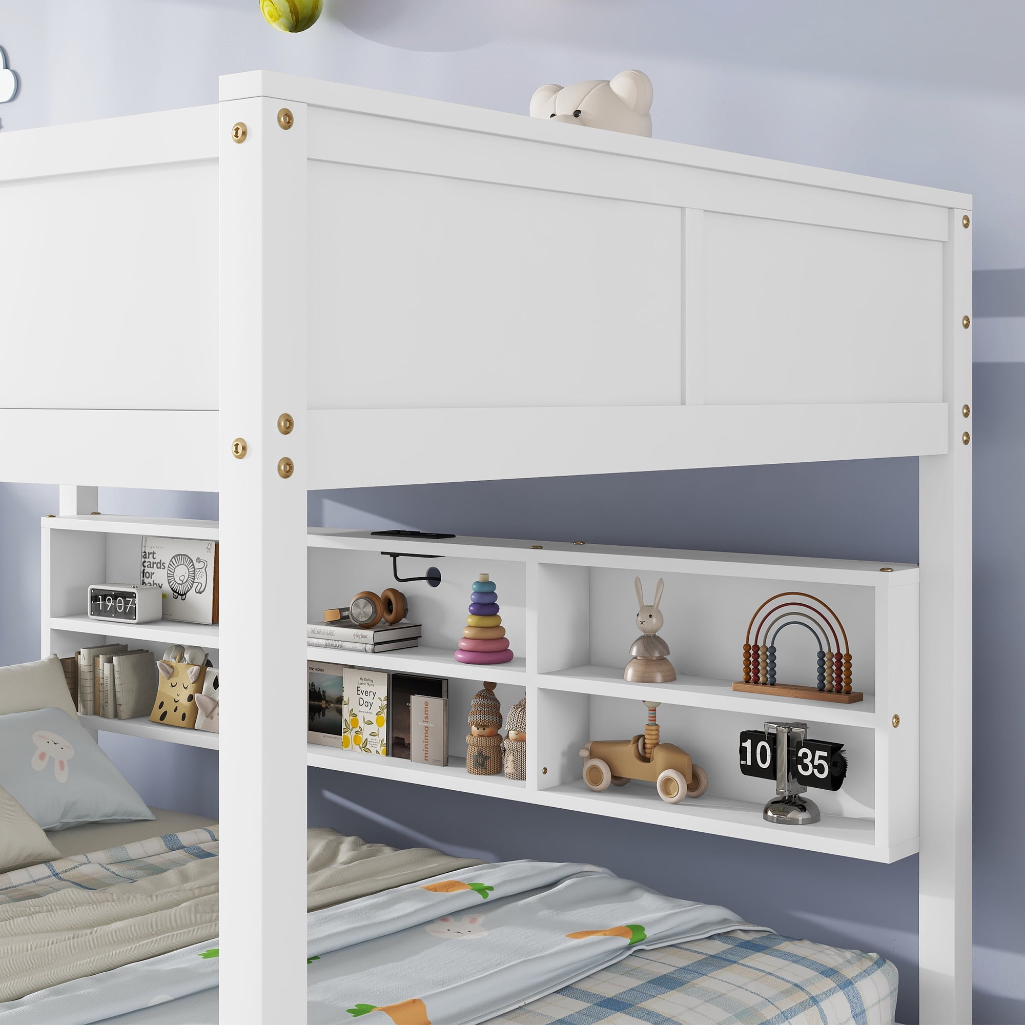 Leumius Queen over Queen Size Bunk Bed Frame with Built-in Storage Cabinets,Charging Station,Ladder,Safety Guardrails,Solid Pine Wood Bunk Bed for Boys Girls White