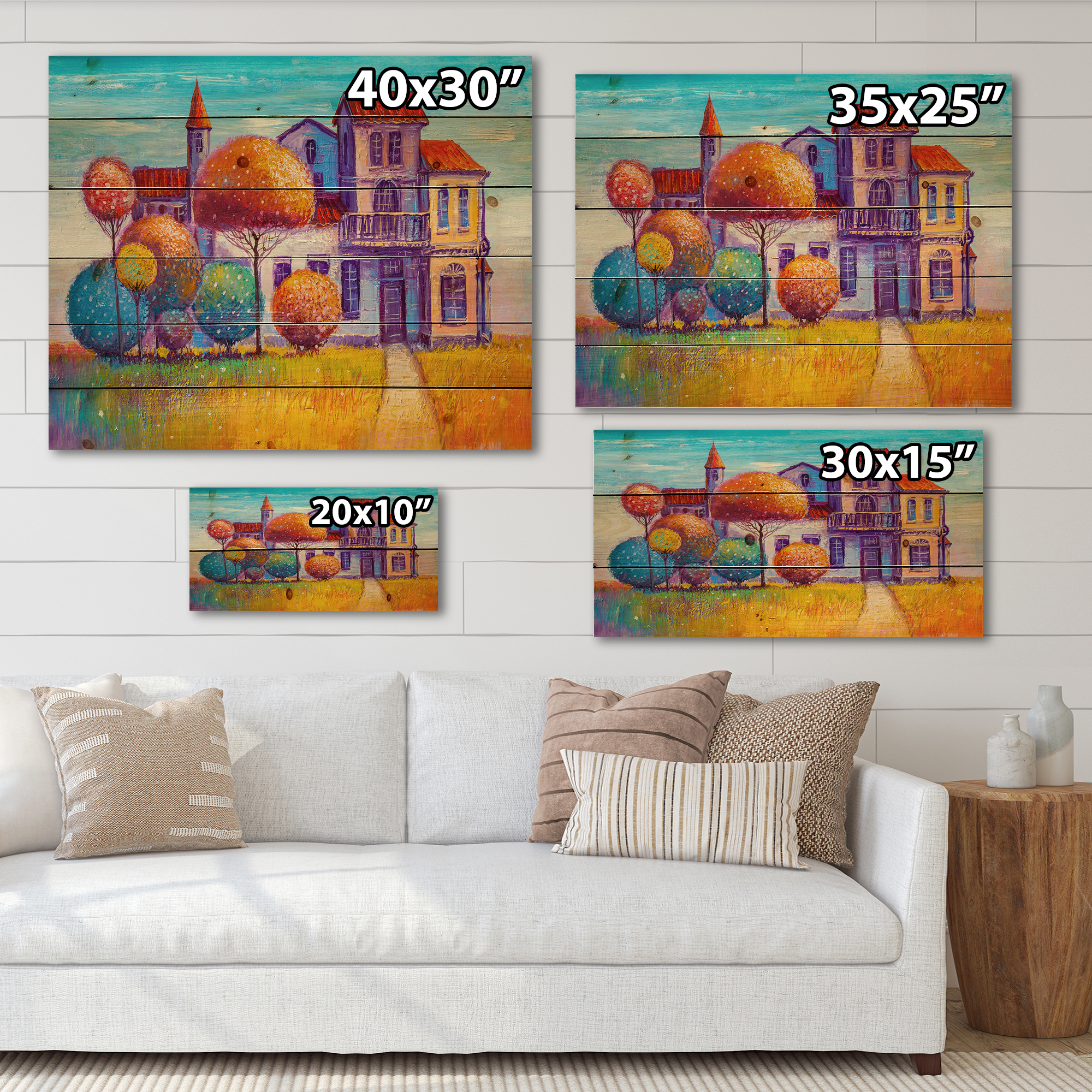Designart 'Abstract Colorful House In The Fairy Tale VIllage' Traditional Print on Natural Pine Wood