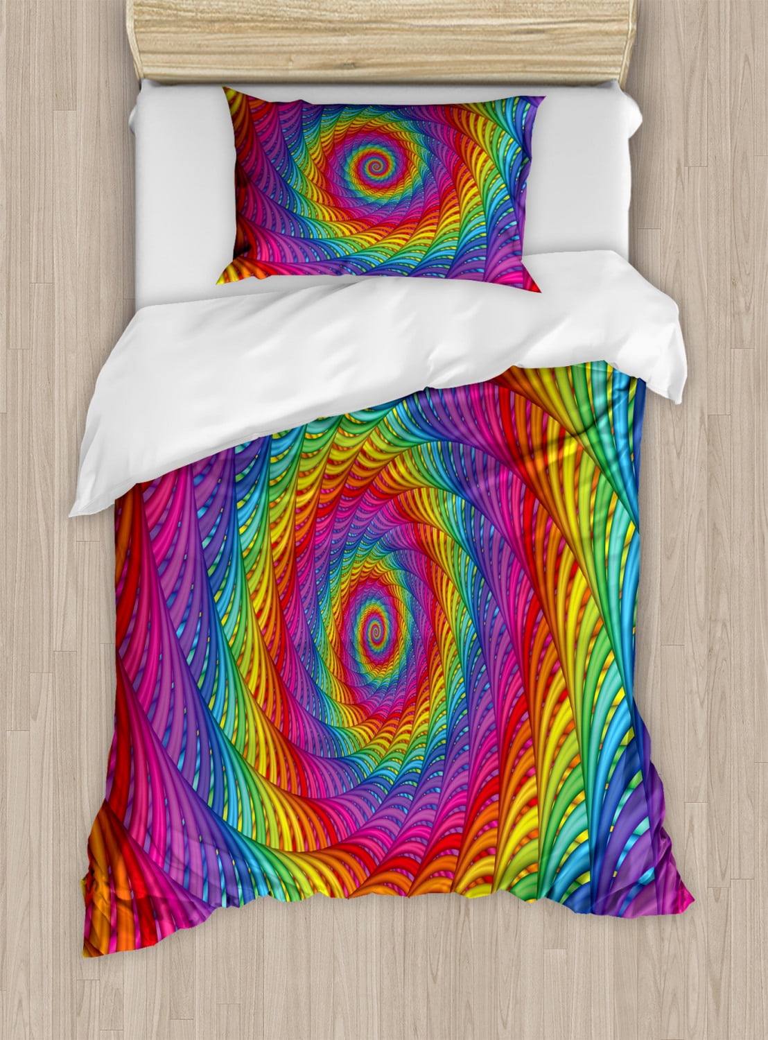 Rainbow Twin Size Duvet Cover Set, Psychedelic Spiral Pattern Vibrant