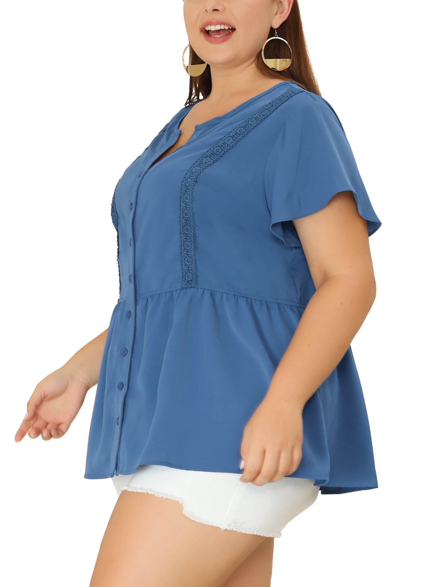 Unique Bargains Women's Plus Size Work Fashion Short Sleeve Elastic Waist Peplum Top 3X Dark Blue