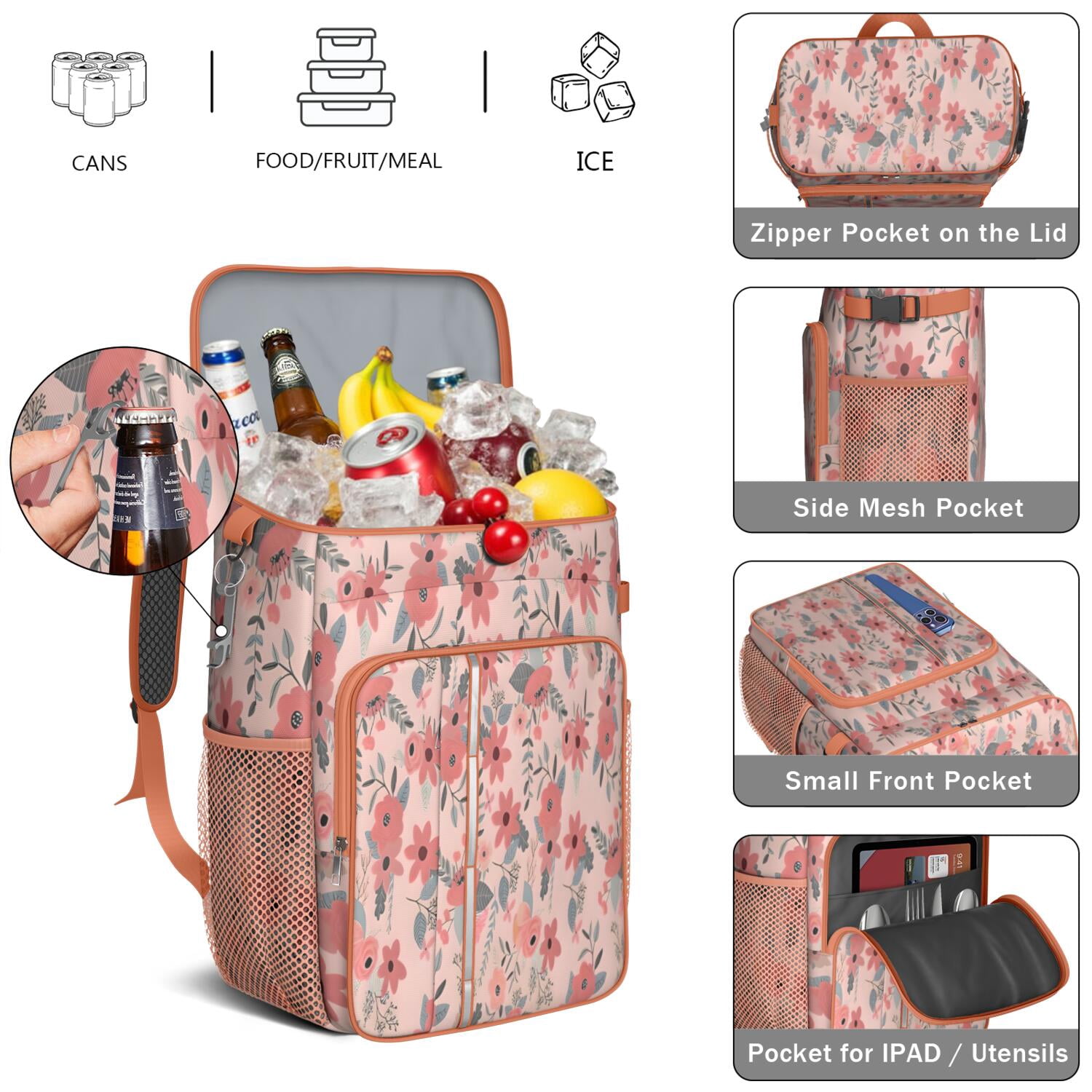Travel Cooler Bag - Pioneer Flower Floral Print Pattern Camping Beer Cooler Backpack with Bottle Opener- Waterproof Insulated Picnic Backpacks - Cooler Bag for Beach