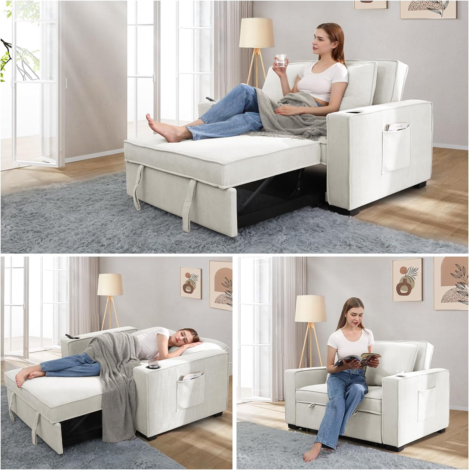 Tapoja 3-in-1 Convertible Sleeper Sofa Bed, Linen Fabric Pull Out Couch Bed, Loveseat with Spring Support, Adjustable Backrest Perfect for Dorms, Apartments, and Home Offices Dark Grey