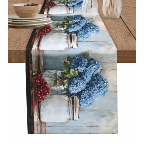 Hokiten Table Runners 48 Inches Long Dress Scarves, Blue Flower Farmhouse Kitchen/Dining Table Runner, Short Coffee Tablerunners, Modern Graffiti Paint Art Farmhouse Wood Grain 13x48 Inch