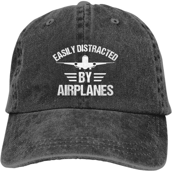 Easily Distracted by Airplanes Funny Hat Adjustable Denim Baseball Cap Black Dad Hat Men Women
