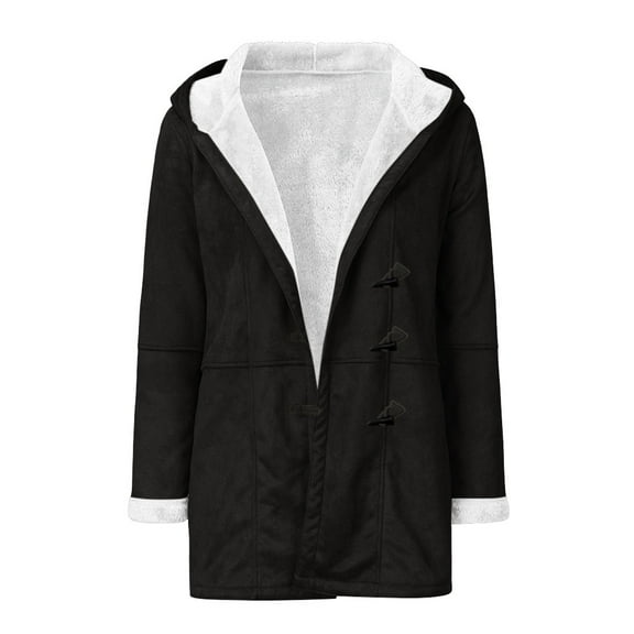 Women's Plus Size Fleece-Lined Hooded Jacket - Solid Color Button Long Coat, 4XL