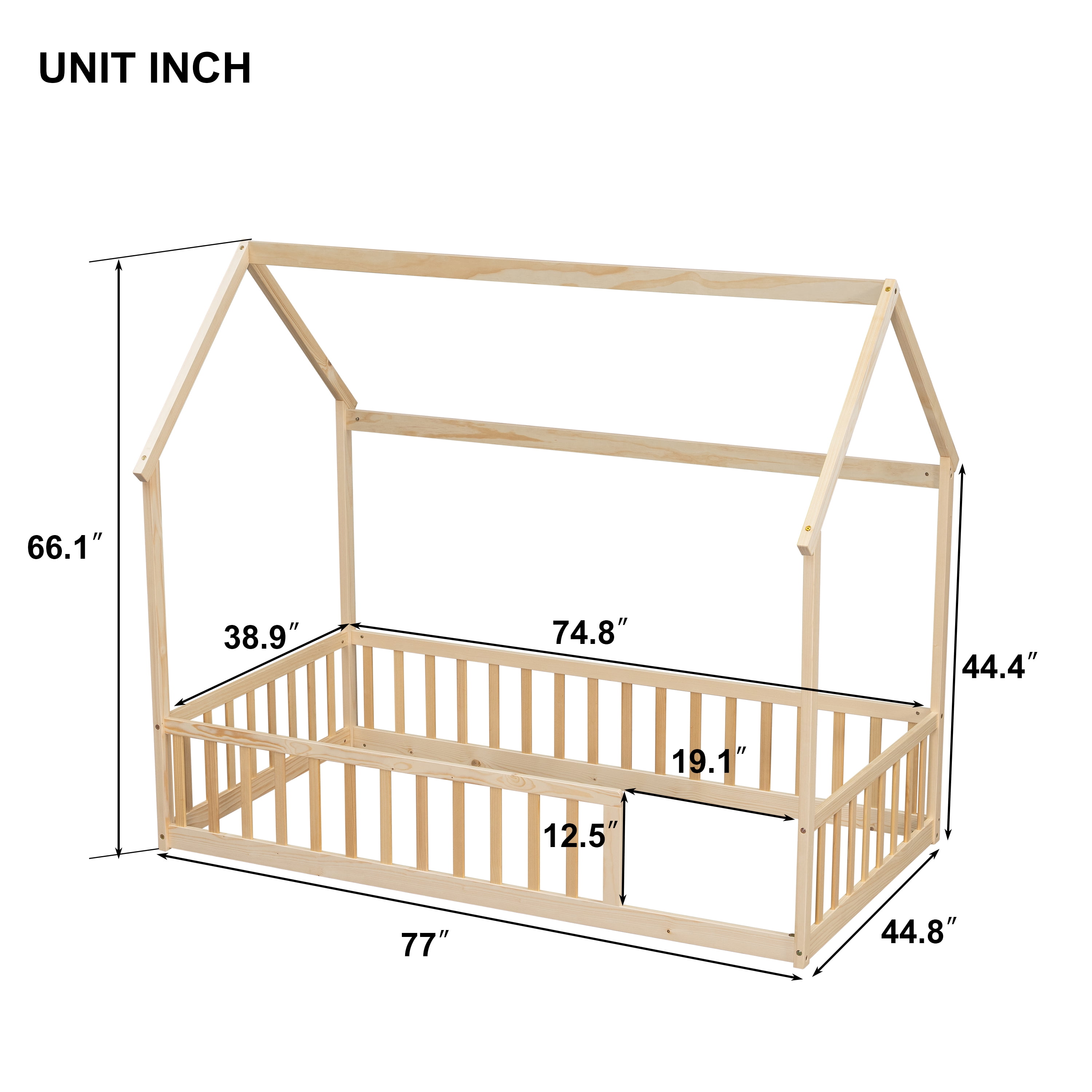 Natural Twin House Floor Bed with Full Safety Fence, Solid Pine Montessori Kids Playhouse Bed Frame No Box Spring Needed Max 250 LBS for Toddler Nursery Bedroom