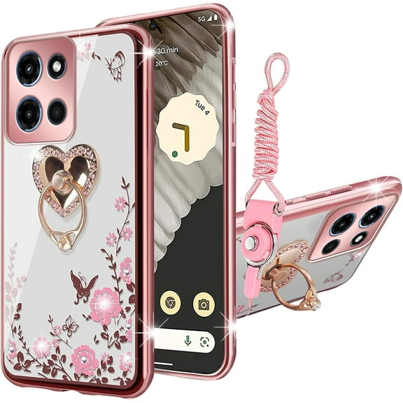 nancheng for Motorola Moto G Stylus 5G 2025 Case (6.7-inch) Cute Girls Women Soft Silicone Pink Phone Case with Ring Stand Shockproof Protection Cover - Rose Butterfly