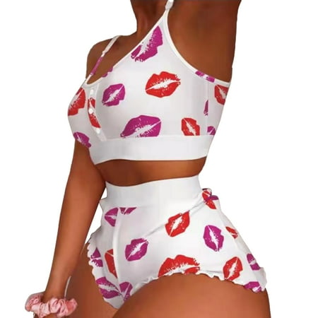 

Women 2 Piece Kawaii Strawberry Print Ruffle Hem Cami Pajama Set Femme Cute Crop Top & Shorts Suits Lady Sleepwear Y2k