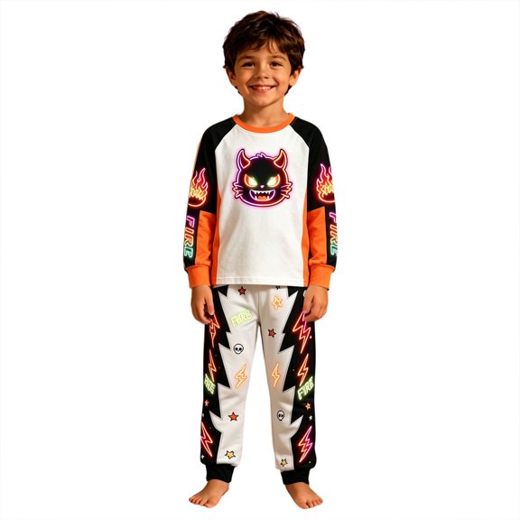 XAOFW Boys Girls Halloween Pajamas Cartoon Print Long Sleeve Tops Pants Toddler Kids Fall Winter Cozy Loungewear 3-4 Years