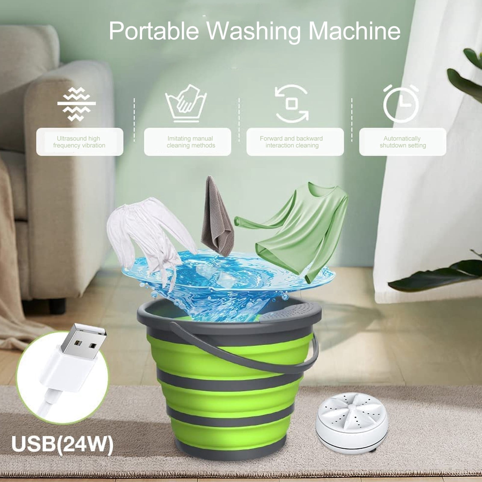 BOKYAN 10L Foldable Mini Washing Machine Portable Ultrasonic Washer for Dorm Underwear Socks Green (13.39 inches / 34 cm)