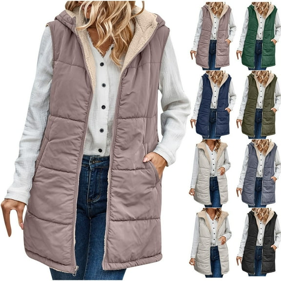 Lovzfmll Winter Coats for Women, Solid Color Reversible Plush Vest, Sleeveless Long Length Quilted Puffer with Pockets, Winter Clothing