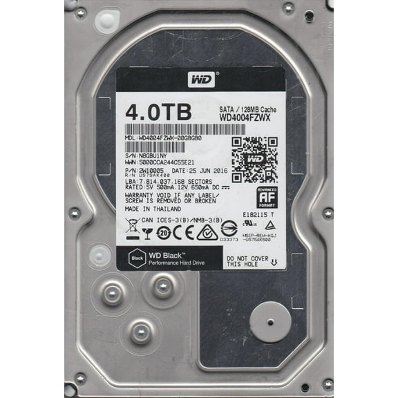 WD4004FZWX-00GBGB0, PN 2W10005, Western Digital 4TB SATA 3.5 Hard Drive