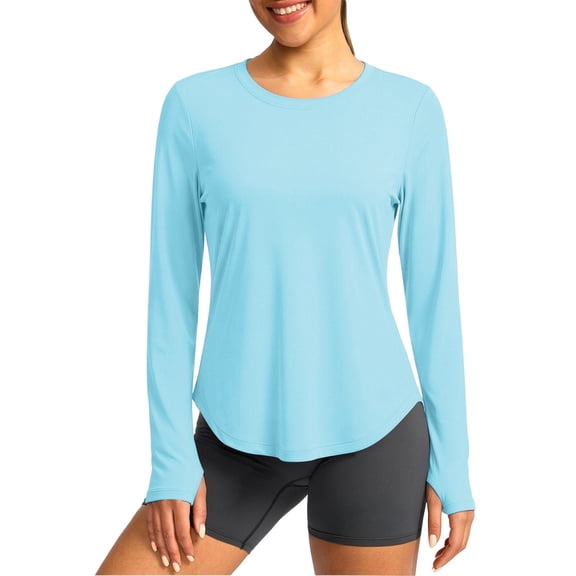 Uootdi UPF50 Sun Protection Tops for Women Crew Neck Long Sleeve with Thumb Hole and Curved Hem Outdoor Rash Guard Quick Dry Breathable Tops Gift