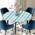 thumbnail image 5 of Elastic Fitted Round Tablecloth, Teal Aqua Stripe Waterproof Stretch Table Cover for 45"-54" Tables, Gradient Geometric White Vertical Striped Washable Outdoor Tablecloths for Patio, Picnic, Camping, 5 of 9