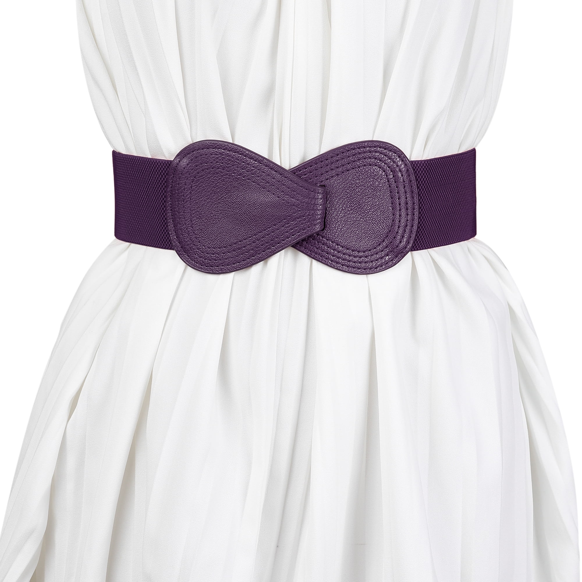 DARING DIVA Women's Interlock Faux Leather Elastic Buckle Belt 37"x49" Purple