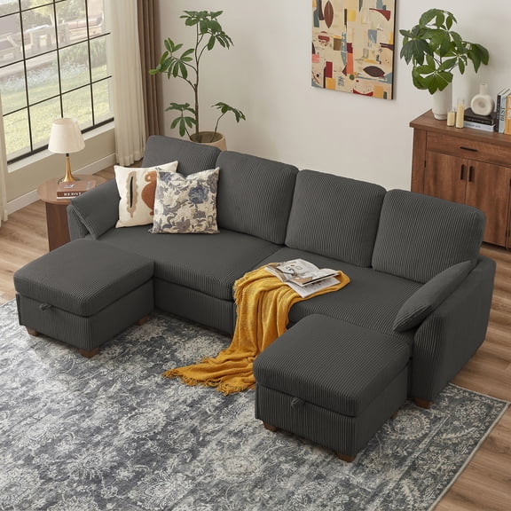 Soscana 102" 4 Seater Sofa U Shaped Couch with 2 Ottomans, Sectional Sofa with Footstools,Modern Corduroy Comfortable Seating Furniture for Living Room Home Office Apartment