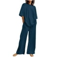 thumbnail image 1 of Ensemble de Printemps 2 Pcs pour Femmes Tenue d'Été pour Femme Ensemble de Vêtements Femme Col Rond Manches Courtes Hauts Pantalons Ensembles Style Pantalon Décontracté S_712 Survêtements pour Femmes Bleu Foncé 3TG, 1 of 5