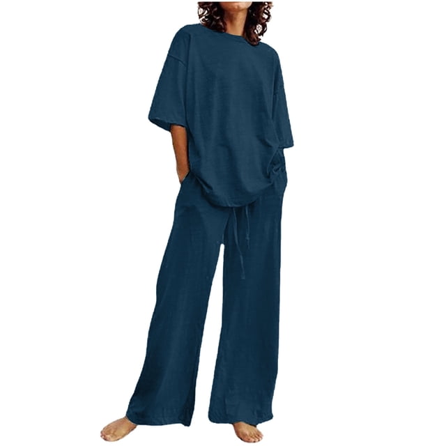 Tenues Mignonnes pour Femmes Ensemble d'Été 2 Pcs Pantalon pour Femmes Ensemble de Vêtements Féminin Col Rond Manches Courtes Hauts Ensembles Pantalons Style S_712 Survêtements pour Femmes Bleu Foncé L