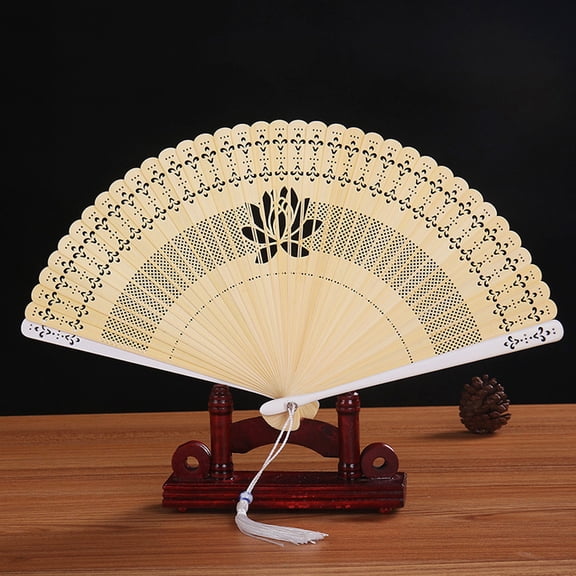 Riousery Bamboo Folding Hollow Hand Fan with Tassels Summer Cooling Decoration, White (12 inches / 31 cm)