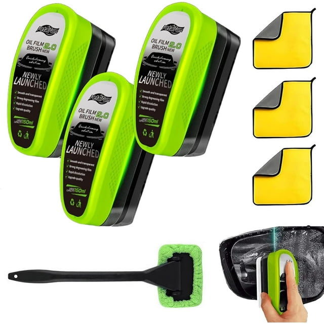 Clear Vision Glass Cleaner, Upgrade Clearvision Car Windshield Cleaner, Reusable Automotive Oil Film Cleaning Brush, Rain & Fog Prevention (3PCS)