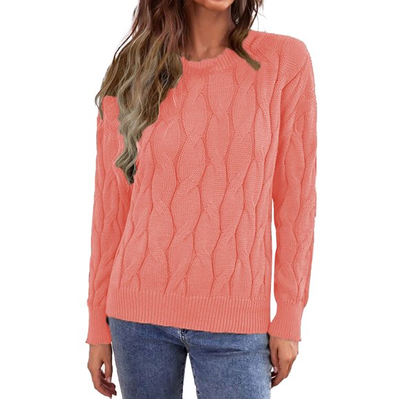 Womens Sweaters 2022 Cute Elegant Soft Crewneck Long Sleeve Hollow Cable Knit Pullover Sweaters Tunic Tops