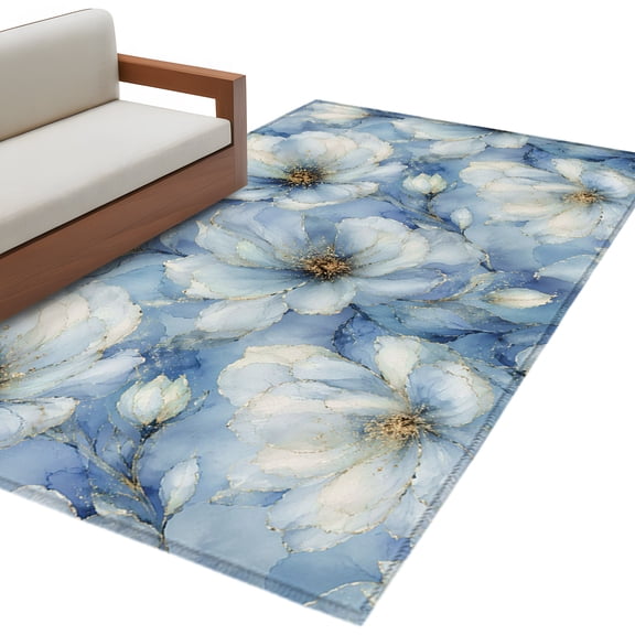 Blue Flowers Area Rug 3x5 Washable Rug Non Slip Spring Summer Botanical Watercolor Floral Large Area Rug Indoor Floor Carpet for Entryway Bedroom Kitchen Living Room Home Office Dining Room Nursery