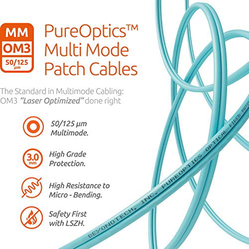 Beyondtech PureOptics Cable Series 15m - 50/125um OM3 10G LC to LC Fiber Patch Cable Multimode Duplex 49.2ft 