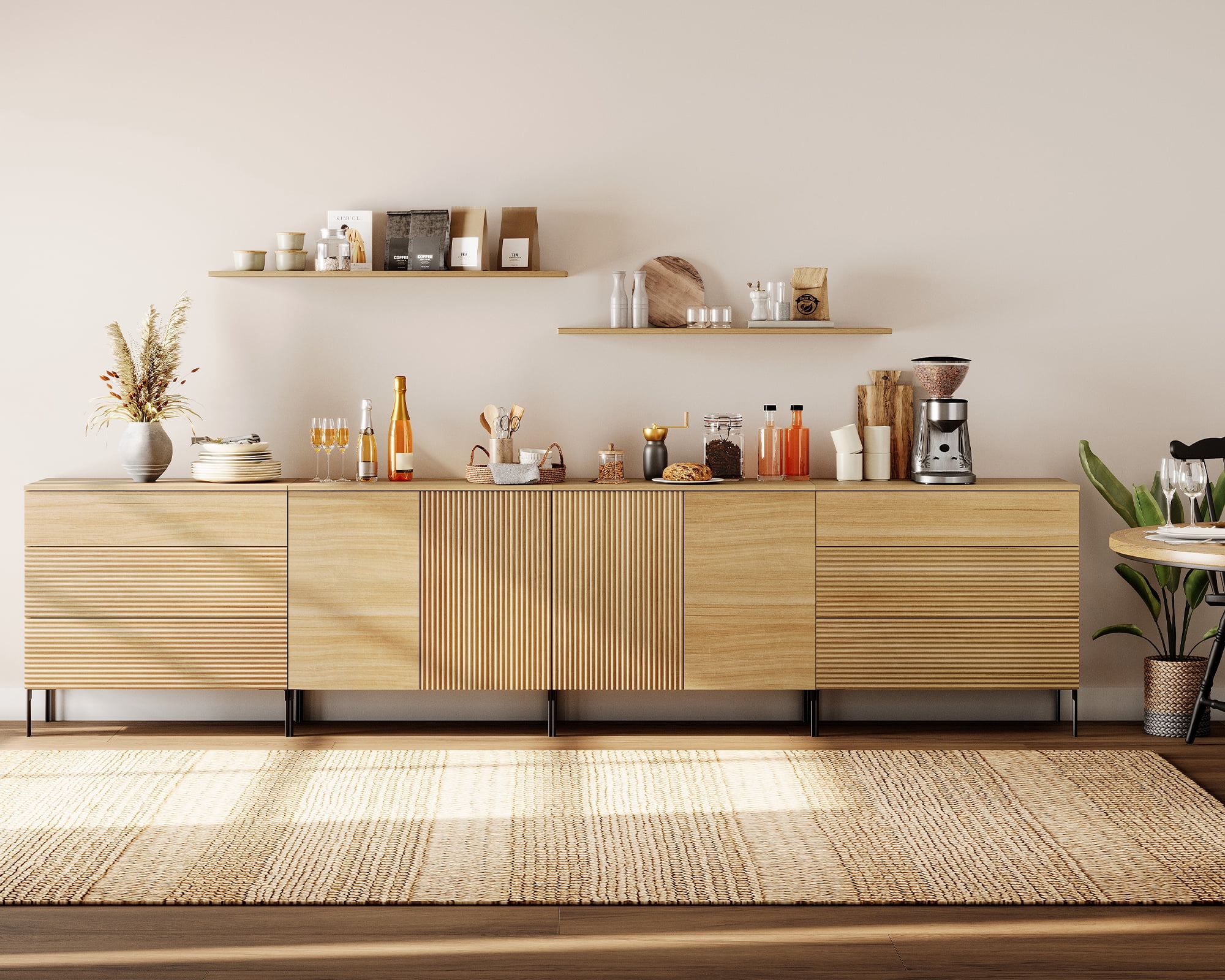 126" Modern Reeded 4-Door Sideboard with Drawers, 4-In-1 Wooden Credenza Storage Cabinet for Kitchen, Dining Room